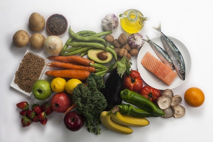 A table laden with fruits and vegetables and lean meats 